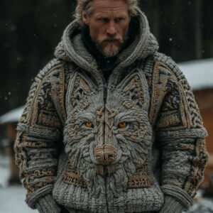 Men's Vintage Viking Wolf Pattern Cozy Zip Up Knit Hooded Sweater