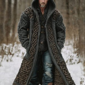 Men's Viking Celtic Knot Art Mid-length Chunky Knit Cardigan Sweater
