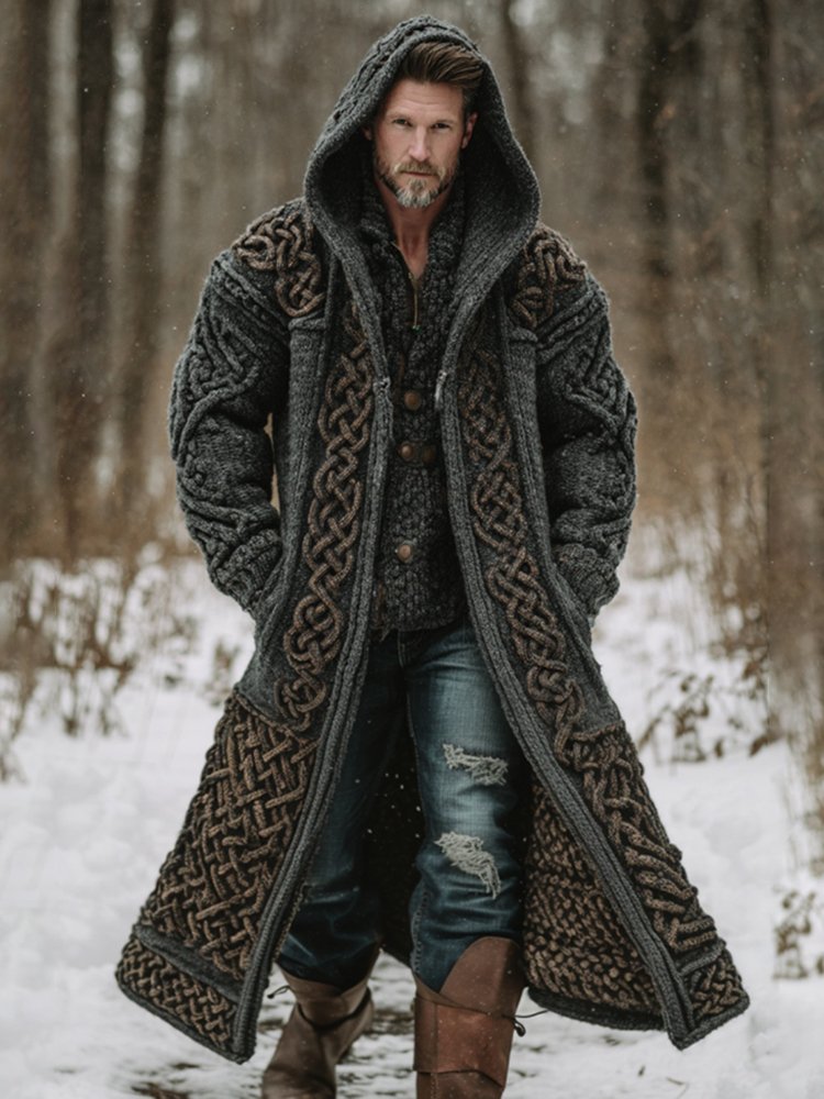 Men's Viking Celtic Knot Art Mid-length Chunky Knit Cardigan Sweater