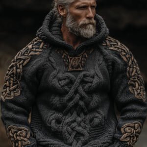 Men's Vintage Viking Celtic Knot Art Knit Hooded Sweater