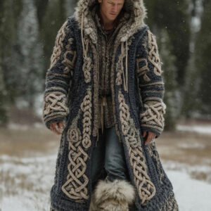 Men's Viking Celtic Knot Art Pocket Mid-length Fur Collar Chunky Knit Cardigan Sweater