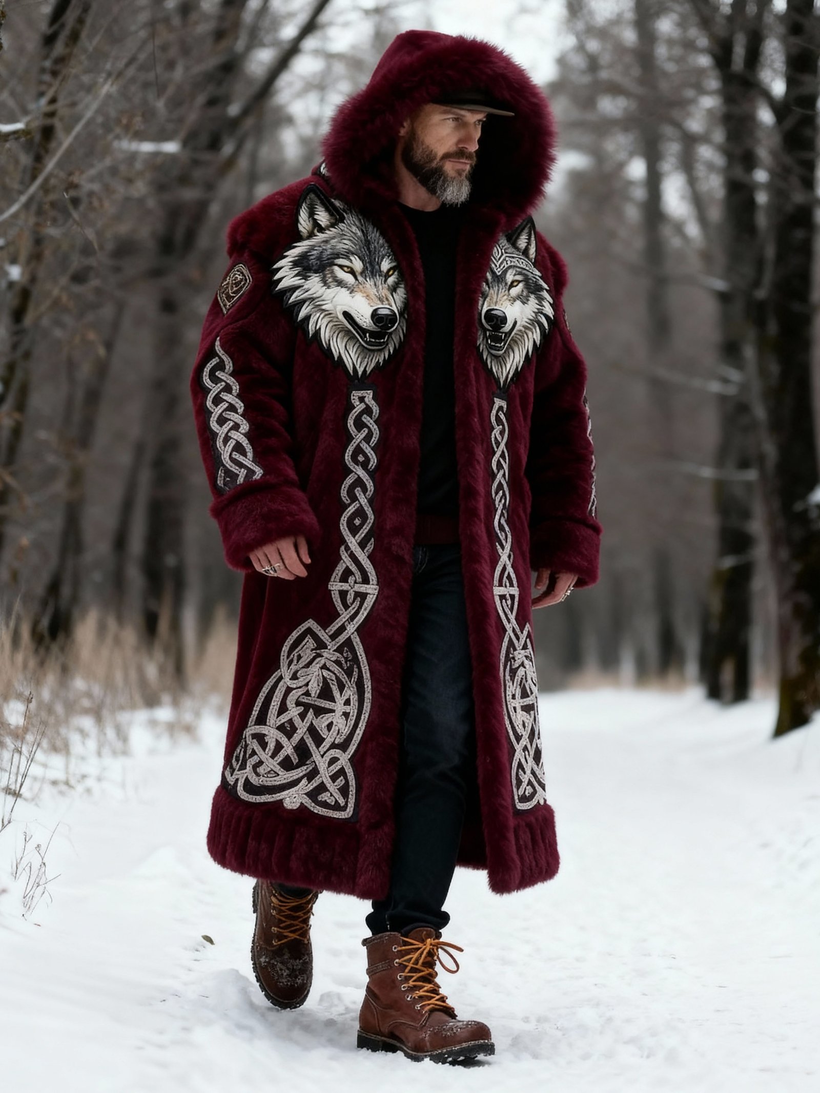 Men's Viking Wolf Fur Length Coat - Image 4