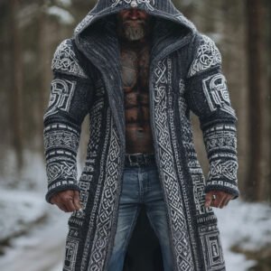 Men's Viking Celtic Knot Jacquard Colorblock Pocket Mid-length Hooded Knitted Cardigan