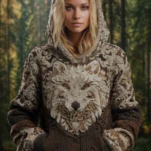 Viking Retro Style Wolf Element Women's Hooded Knit Sweater