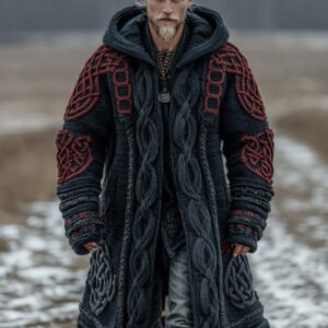 Men's Viking Intricate Celtic Knot Colorblock Pocket Mid-length Cardigan Sweater