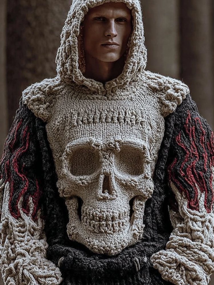 Man Halloween Big Skull Flame Ancient Hooded Sweater
