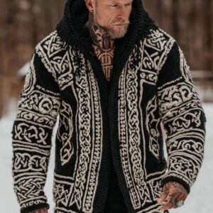 Men's Viking Celtic Pattern Art Cozy Knit Hooded Cardigan
