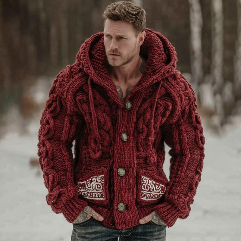 Men's Viking Tribal Art Jacquard Button Cozy Cardigan Sweater - Image 2