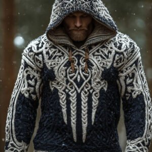 Men's Viking Style Contrasting Thick Needle Hooded Sweater